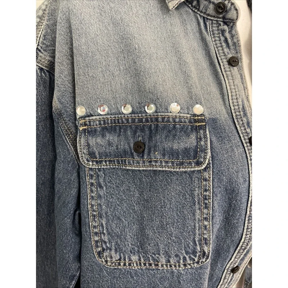Rebecca Minkoff Jean Jacket Denim‎ Shirt Crop Raw Hem Jewels Medium